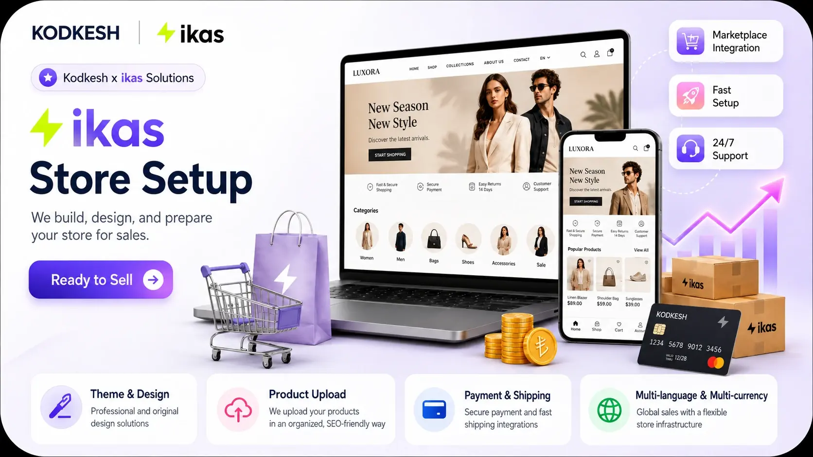 ikas store setup showing desktop and mobile ecommerce storefront, products, payments, shipping and marketplace integrations