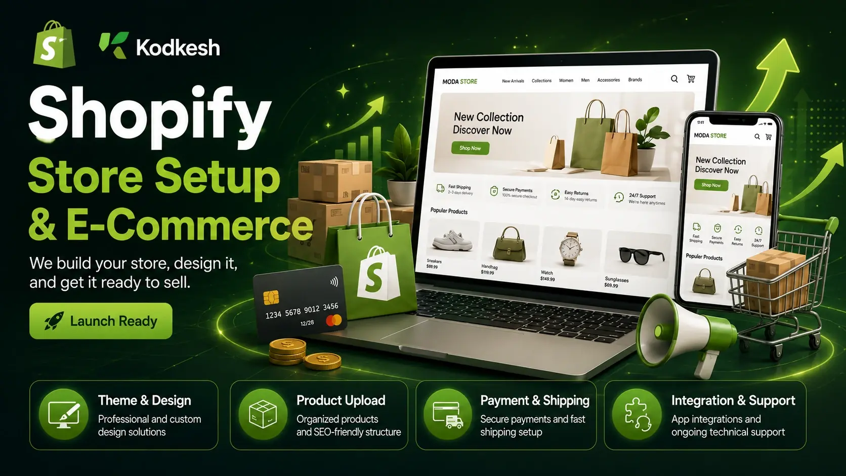 Shopify store setup showing desktop and mobile ecommerce storefront, products, payments and shipping