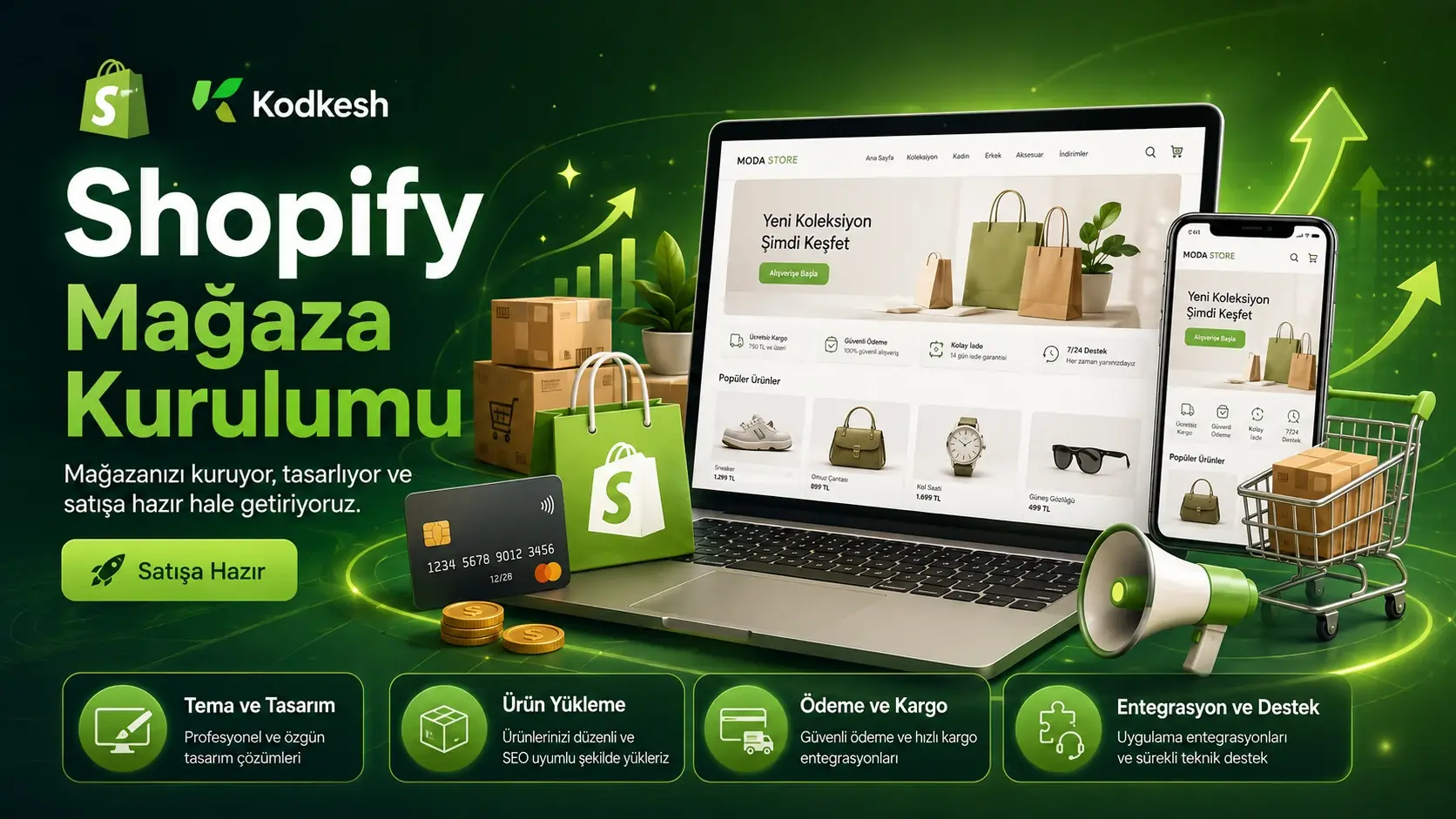 Shopify mağaza kurulumu; masaüstü ve mobil e-ticaret mağazası, ürün, ödeme ve kargo süreçlerinin görsel anlatımı